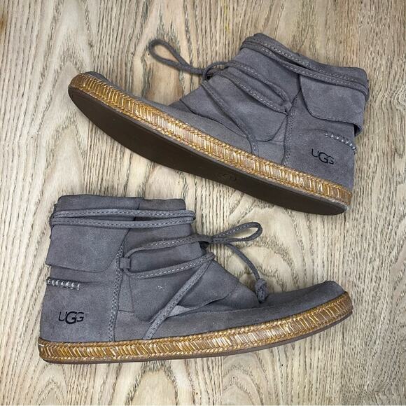 UGG Reid Moc Bootie Suede Ankle Boot Tan Slate Wrap Lace Boho Women’s Size 7.5 - Picture 9 of 11